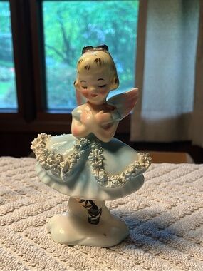 Vintage Mid Century Ceramic Ballerina Angel Figurine in Pale Blue and Cream